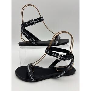Authentic Balenciaga Logo Print Ankle Strap Sandal Black White Size 38 Flat